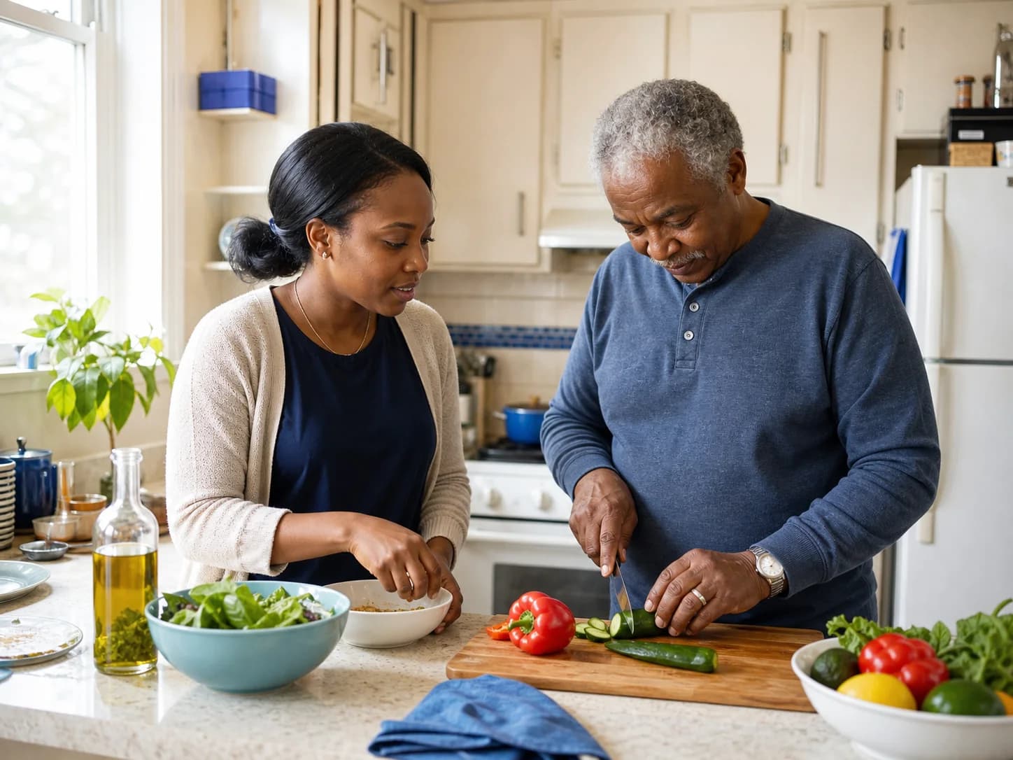A caregiver and older adult preparing a meal together at home
