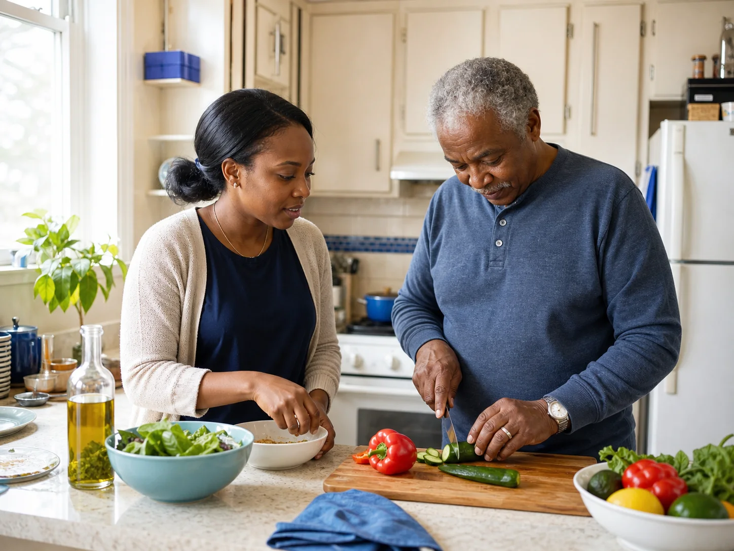 A caregiver and older adult preparing a meal together at home