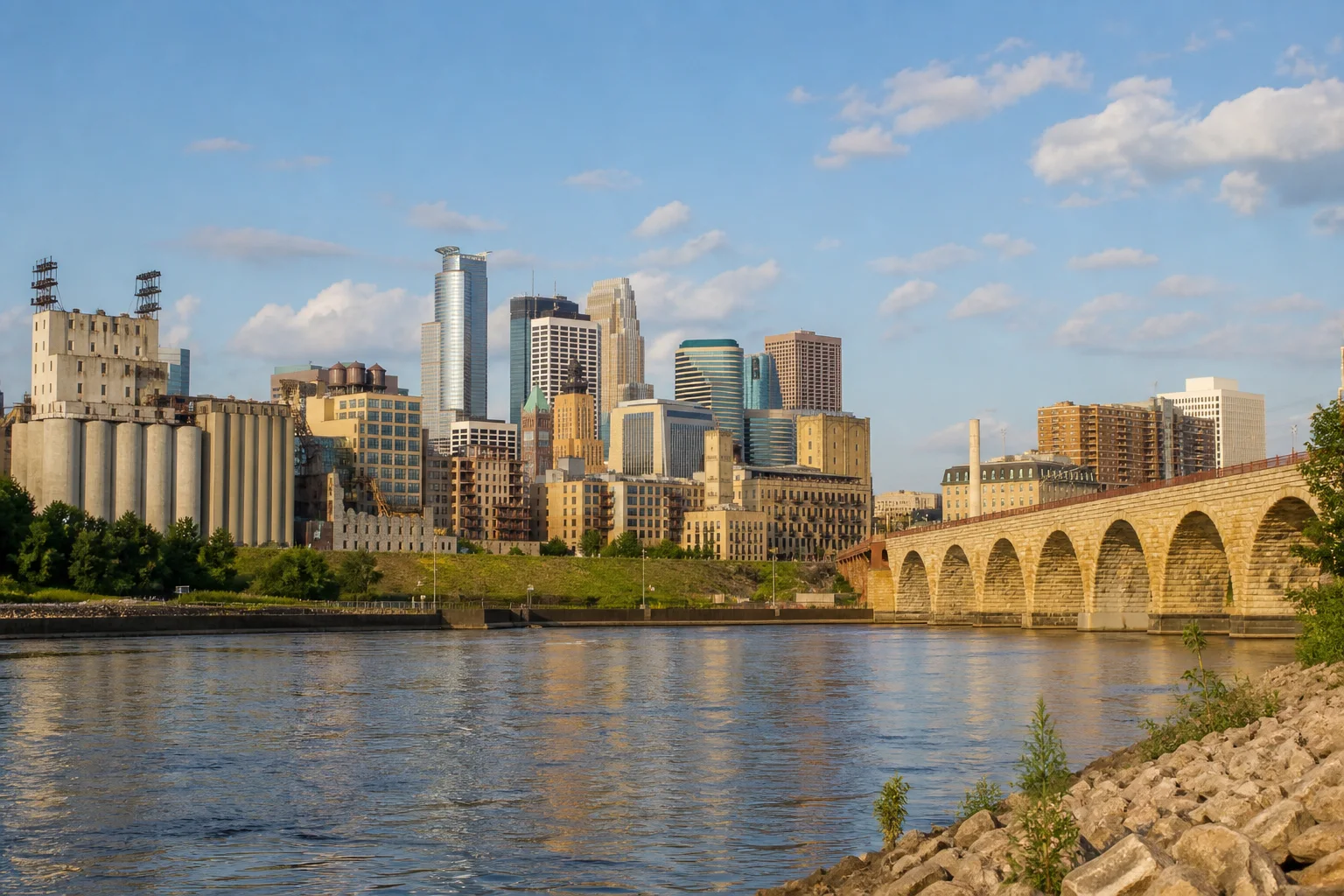 The Minneapolis skyline beside the Mississippi River and Stone Arch Bridge