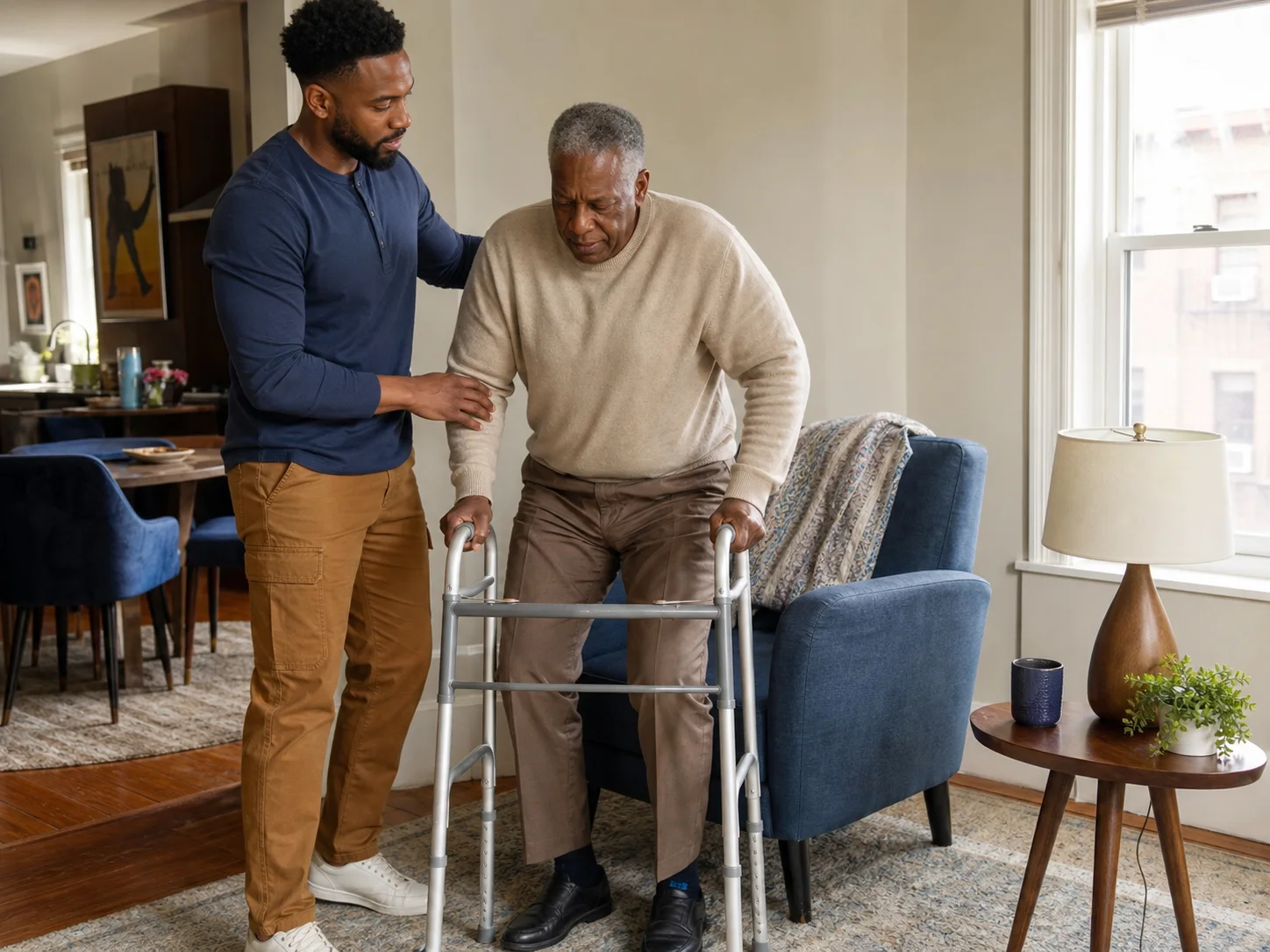 A caregiver supporting an older adult using a walker at home