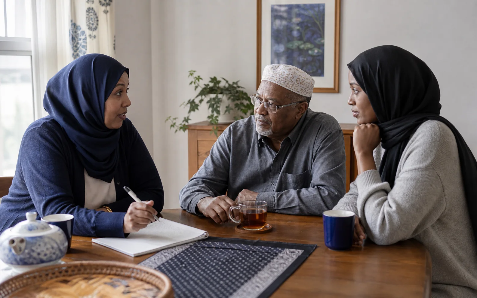 A care coordinator discussing a care plan with a client and family member at home