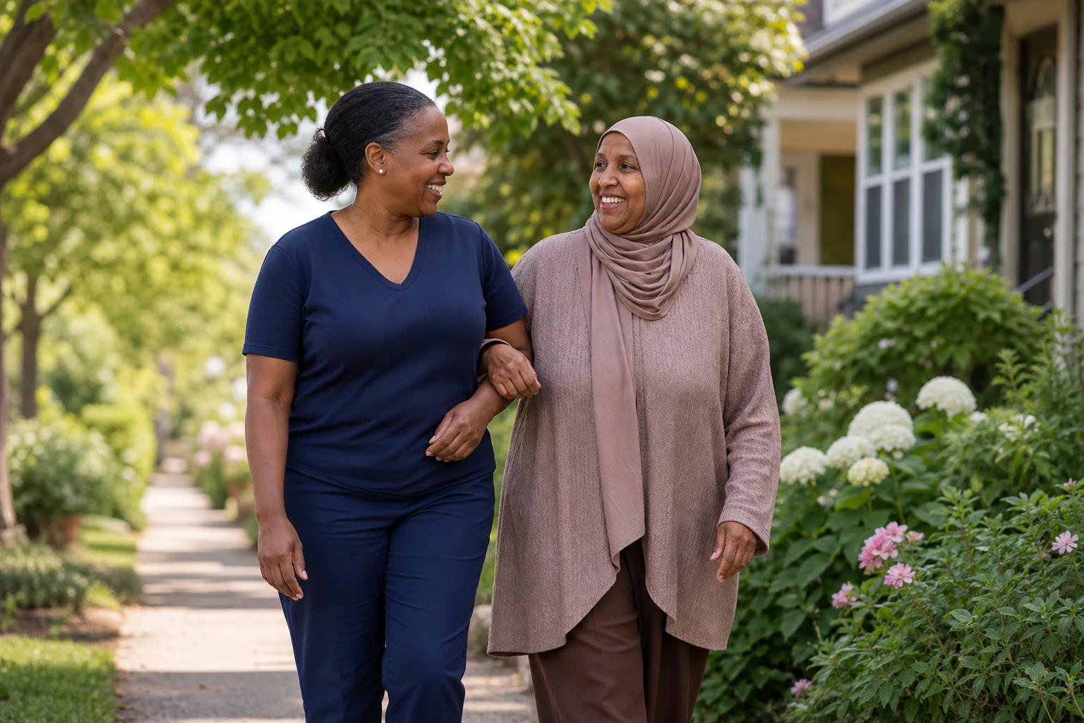 A smiling caregiver walking with and supporting an older adult outside her home